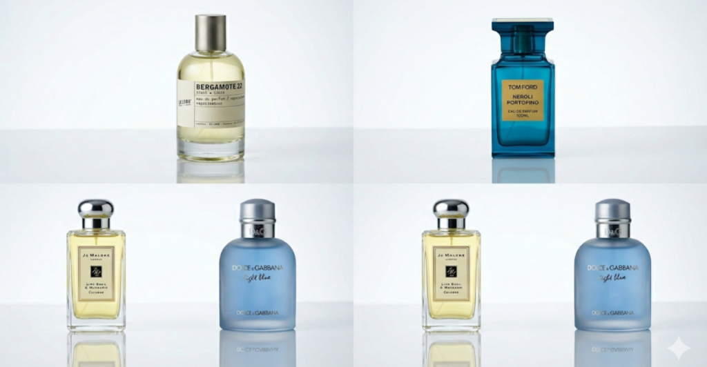 Grid of four top citrus perfumes for summer 2026: Le Labo Bergamote 22 (minimalist glass), Tom Ford Neroli Portofino (blue bottle), Jo Malone Lime Basil Mandarin (cream square), Dolce Gabbana Light Blue (blue glass with cap) – best bright zesty perfumes