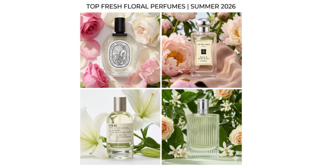 Grid of four top fresh floral perfumes for summer 2026: Diptyque Eau Rose (clear bottle with illustration), Jo Malone Peony & Blush Suede (cream square bottle), Le Labo Lys 41 (minimalist glass), Chloe EDP Naturelle (ribbed glass with silver cap) – best garden-inspired perfumes