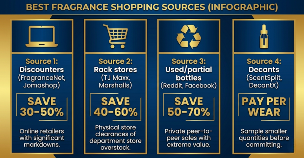 Where to buy budget fragrances – discounters save 30-50%, rack stores 40-60%, used bottles 50-70%, decants pay per wear