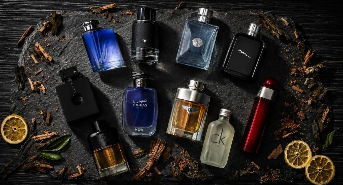 Ten best value perfumes for men for daily wear displayed on a dark slate surface with wood accents