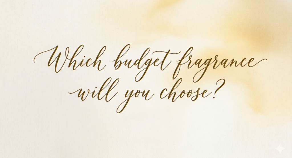 Elegant background with text asking which budget fragrance the reader will choose.