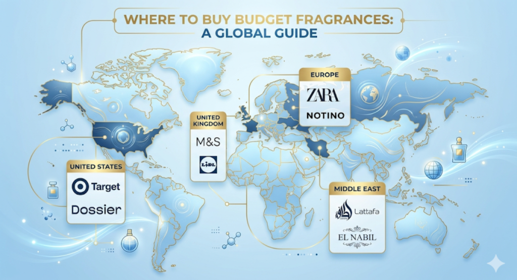 World map showing where to buy affordable perfumes: US – Target and Dossier, UK – M&S and Lidl, Europe – Zara and Notino, Middle East – Lattafa and El Nabil.