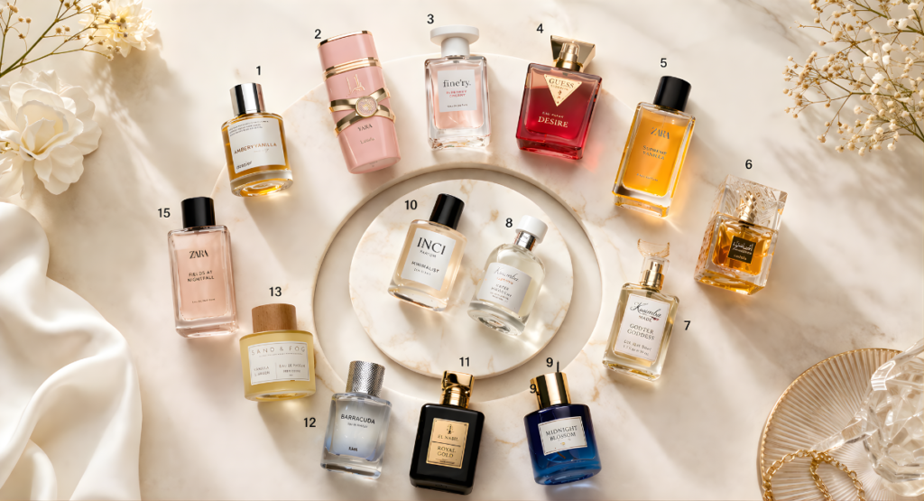 Numbered grid displaying all 15 affordable perfume bottles, white background, soft studio lighting.