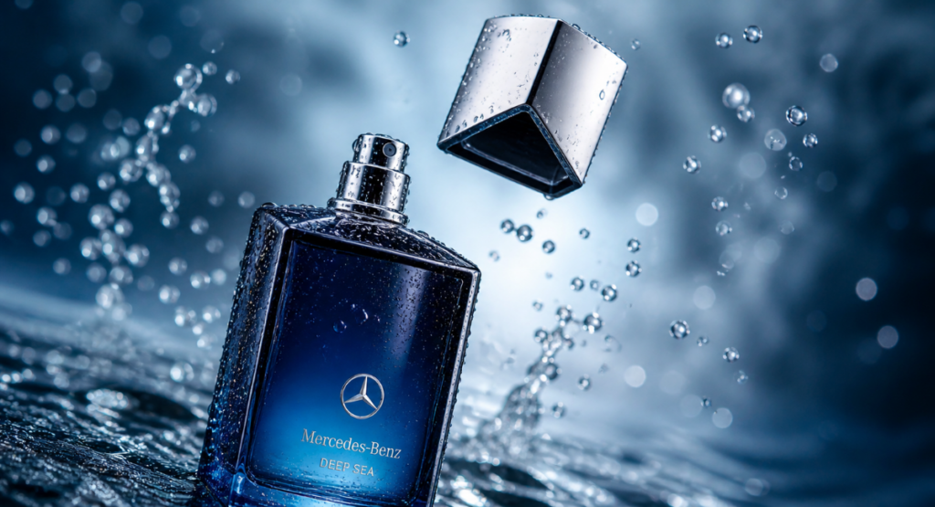 Close-up of Mercedes-Benz Deep Sea perfume bottle showing pale blue liquid and magnetic silver cap.