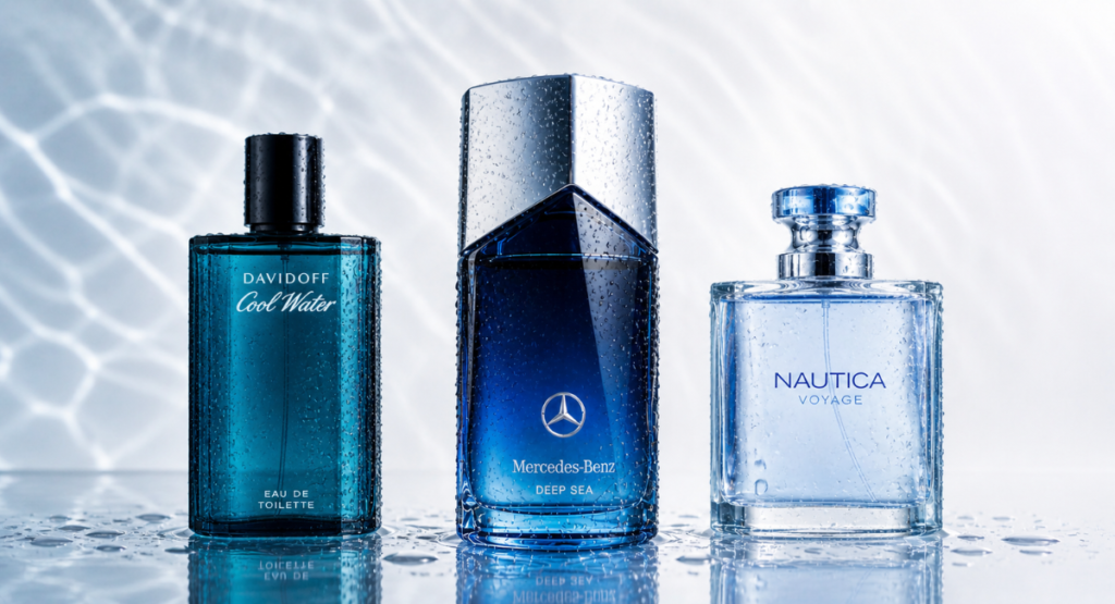 Comparison of three aquatic fragrances: Mercedes-Benz Deep Sea, Davidoff Cool Water, and Nautica Voyage.