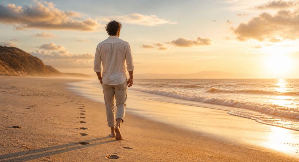 Person walking on a beach at sunset, conveying quiet confidence and fresh elegance of Mercedes-Benz Deep Sea.