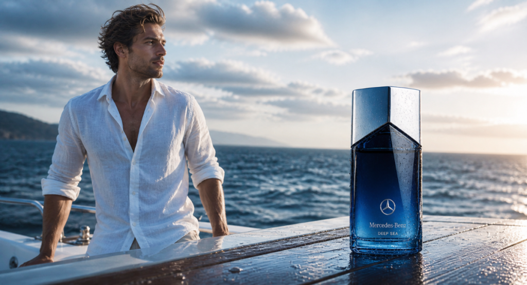 Man wearing Mercedes-Benz Deep Sea on a boat, enjoying a fresh ocean breeze.