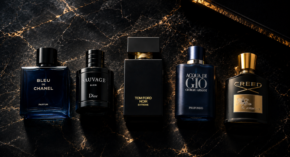 Top 10 best selling men's fragrances 2026 flat lay on dark marble