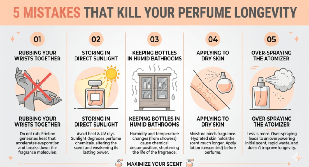 Infographic showing 5 common mistakes that reduce perfume longevity: rubbing wrists, applying on dry skin, storing in bathroom, over‑spraying, and spraying on sun‑exposed skin.