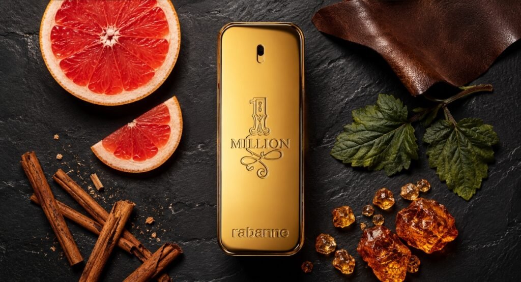 Paco Rabanne 1 Million EDT fragrance notes flatlay citrus spice leather 2026