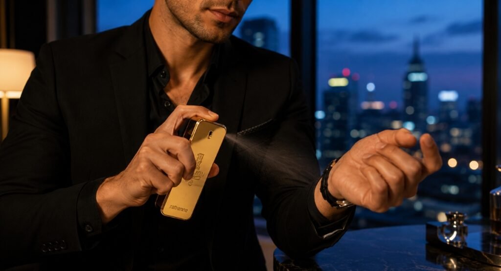 Man applying Paco Rabanne 1 Million EDT cologne for evening occasion autumn 2026