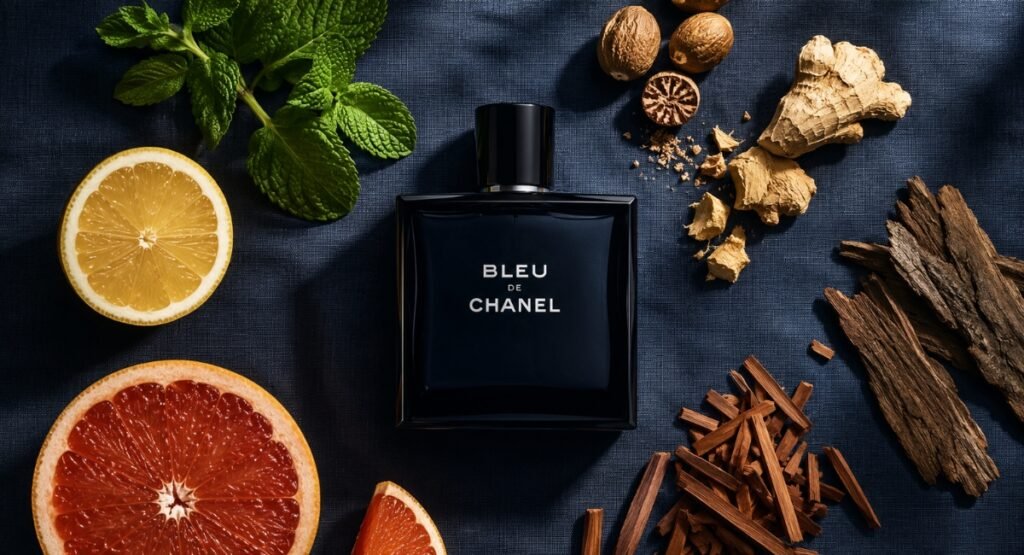 Bleu de Chanel EDT fragrance notes flatlay lemon grapefruit mint ginger cedar sandalwood 2026