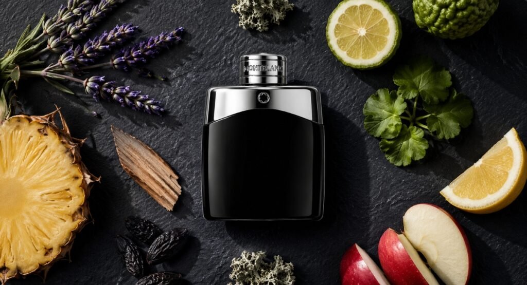 Mont Blanc Legend EDT fragrance notes flatlay lavender bergamot pineapple oakmoss tonka sandalwood 2026

