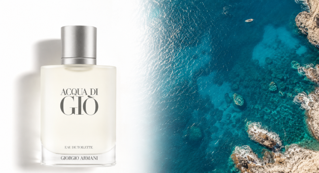 Acqua di Gio EDT bottle final review shot with clean white background and ocean backdrop split scene
