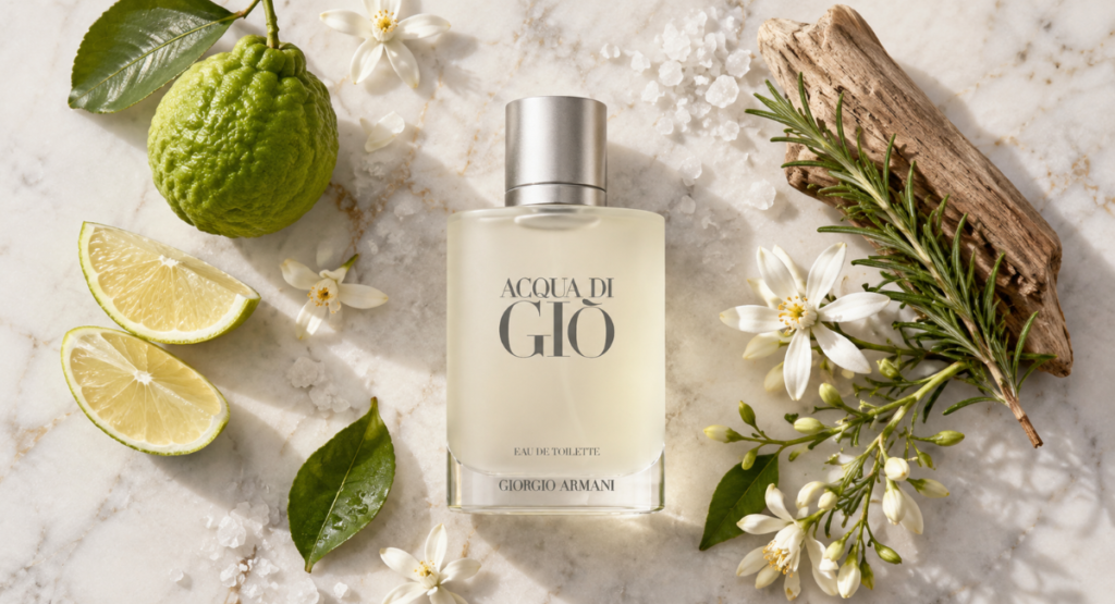 Acqua di Gio EDT fragrance notes visual with citrus bergamot and marine aquatic elements