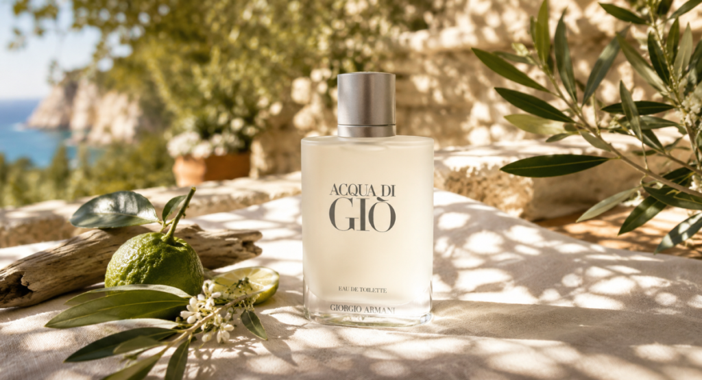 Acqua di Gio EDT bottle in summer sunlight showing performance and season suitability