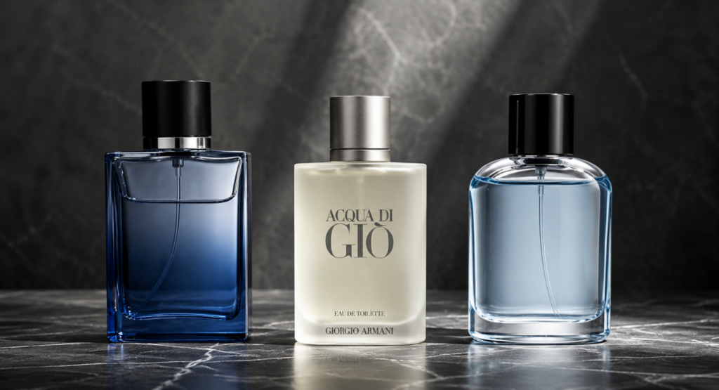 Acqua di Gio EDT compared with Davidoff Cool Water and Versace Pour Homme bottles side by side
