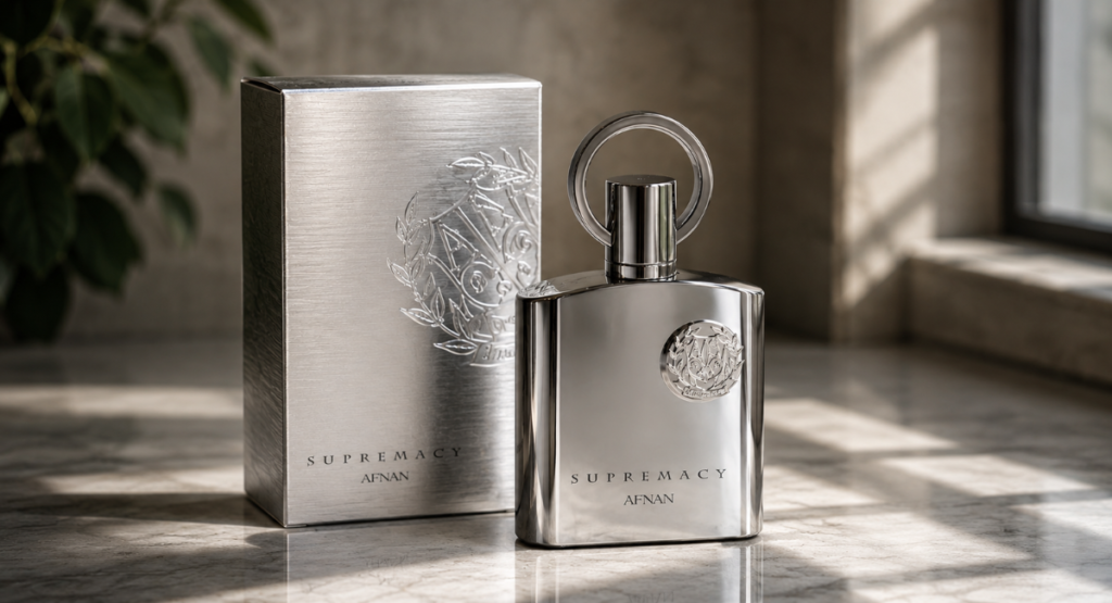 Afnan Supremacy Silver bottle and box packaging design
