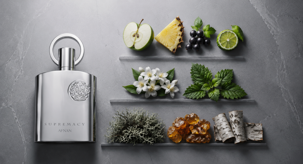 Afnan Supremacy Silver fragrance notes pyramid showing top middle base
