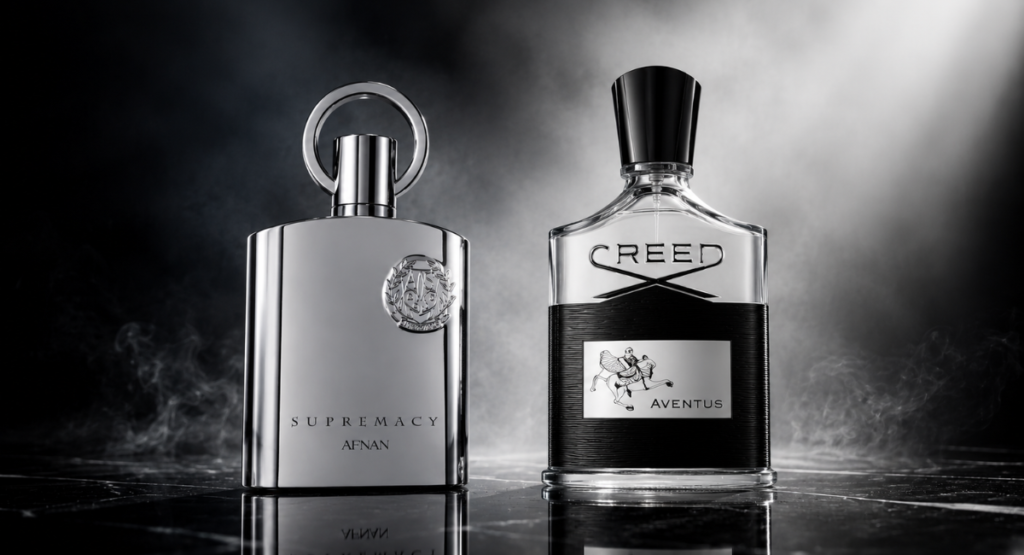 Afnan Supremacy Silver vs Creed Aventus bottle side by side comparison
