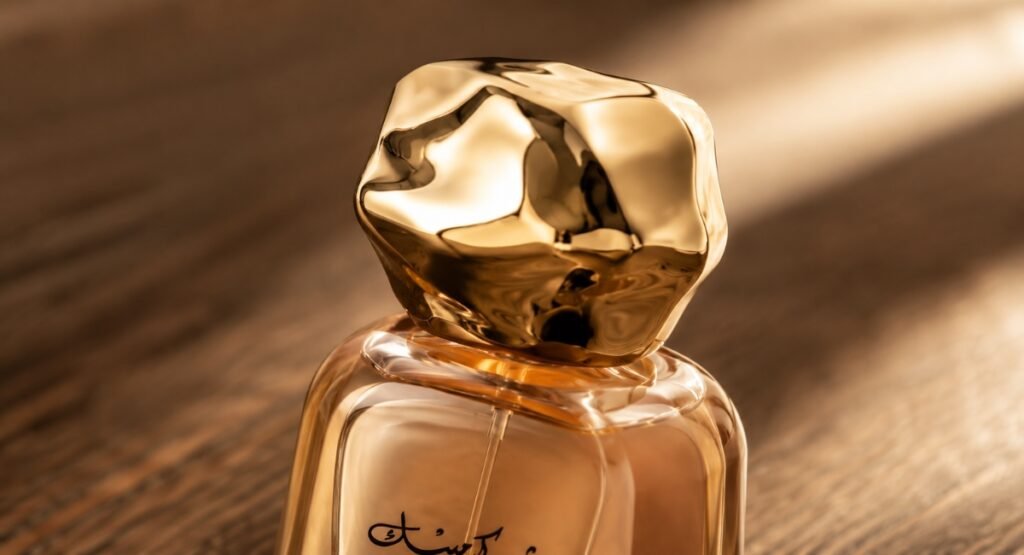 Close-up of Al Rehab Choco Musk 100ml faceted gold cap bottle design
