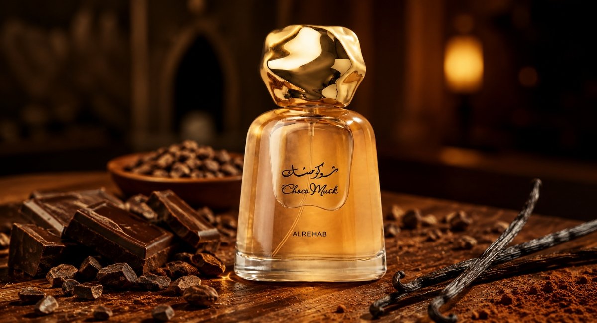 Al Rehab Choco Musk 100ml perfume bottle with faceted gold cap review hero shot