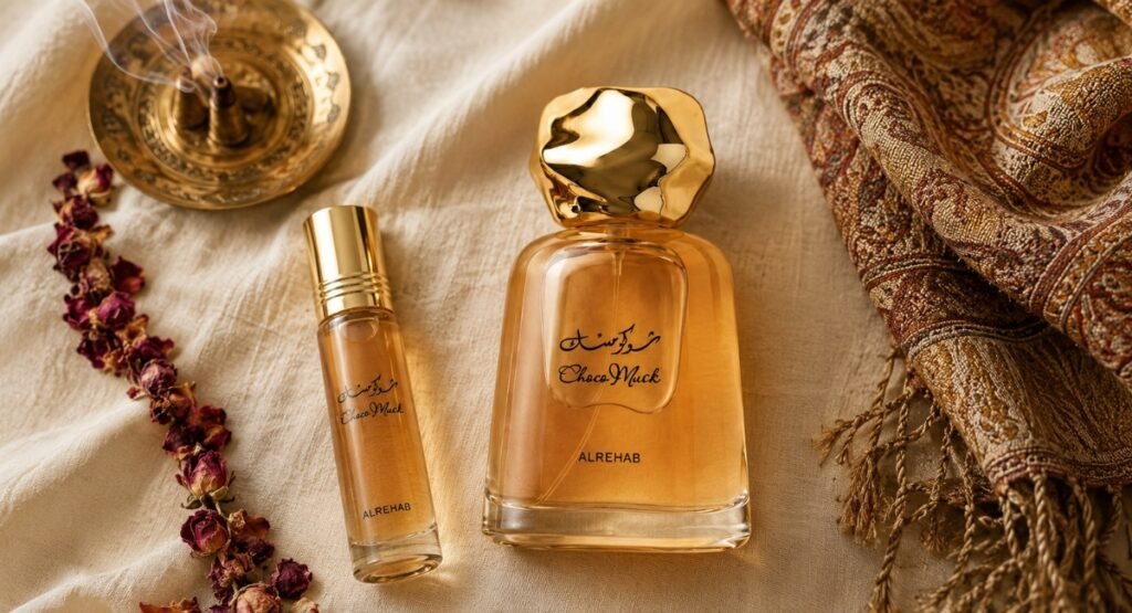 Al Rehab Choco Musk perfume bottle styled with Arabian perfume heritage props
