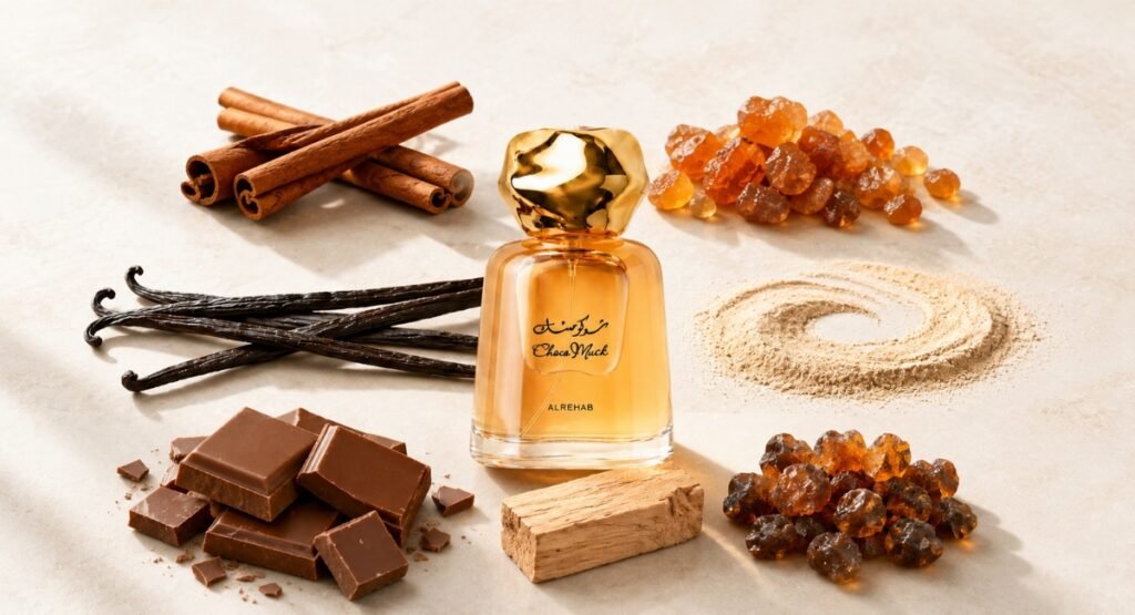 Al Rehab Choco Musk fragrance notes pyramid with chocolate, vanilla and musk
