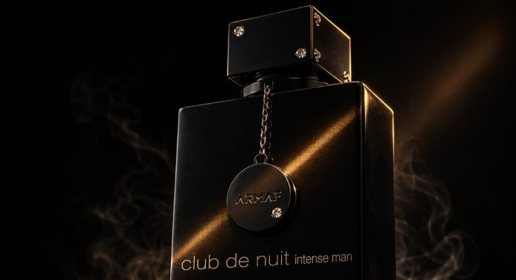 Armaf Club de Nuit Intense Man black bottle close-up with dramatic dark background and single amber light streak
