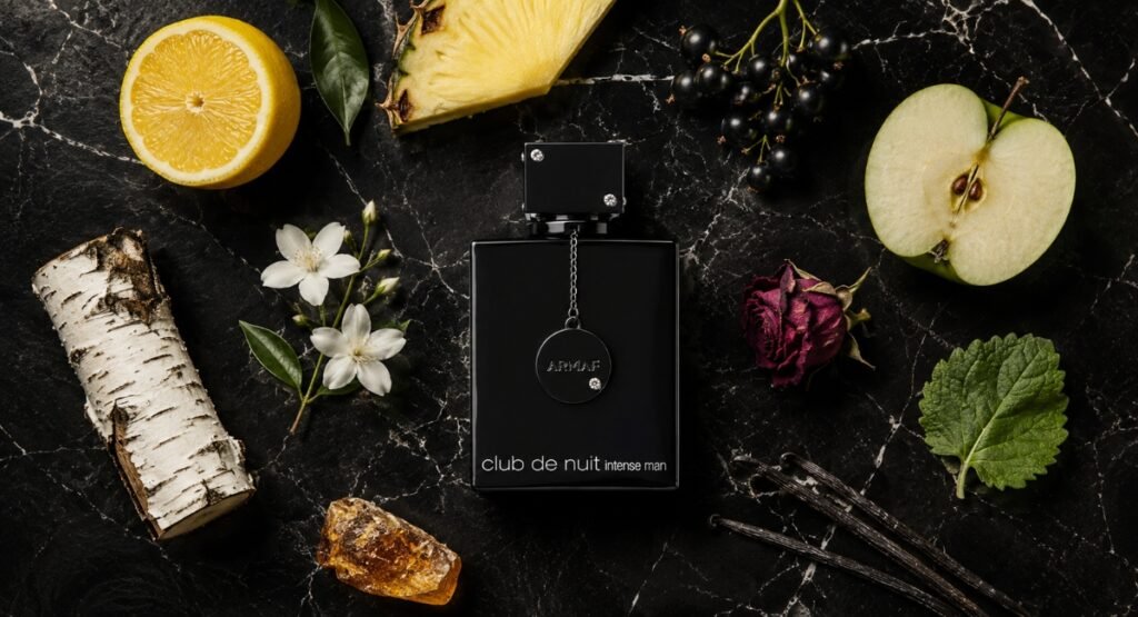 Armaf Club de Nuit Intense Man fragrance notes — lemon, pineapple, birch, ambergris arranged on black marble

