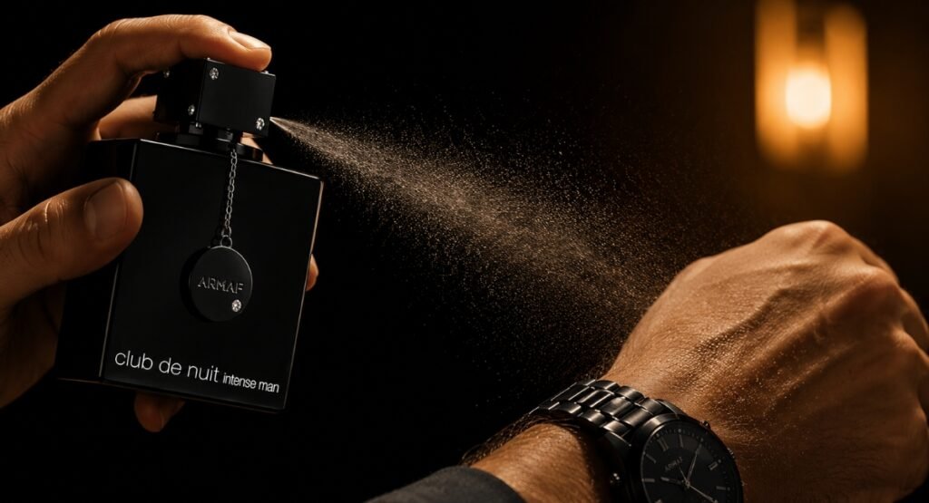 Armaf Club de Nuit Intense Man being sprayed on a man's wrist in a dimly lit room with moody amber light
