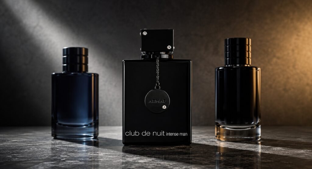 Armaf Club de Nuit Intense Man bottle next to Creed Aventus and Montblanc Explorer on dark reflective surface
