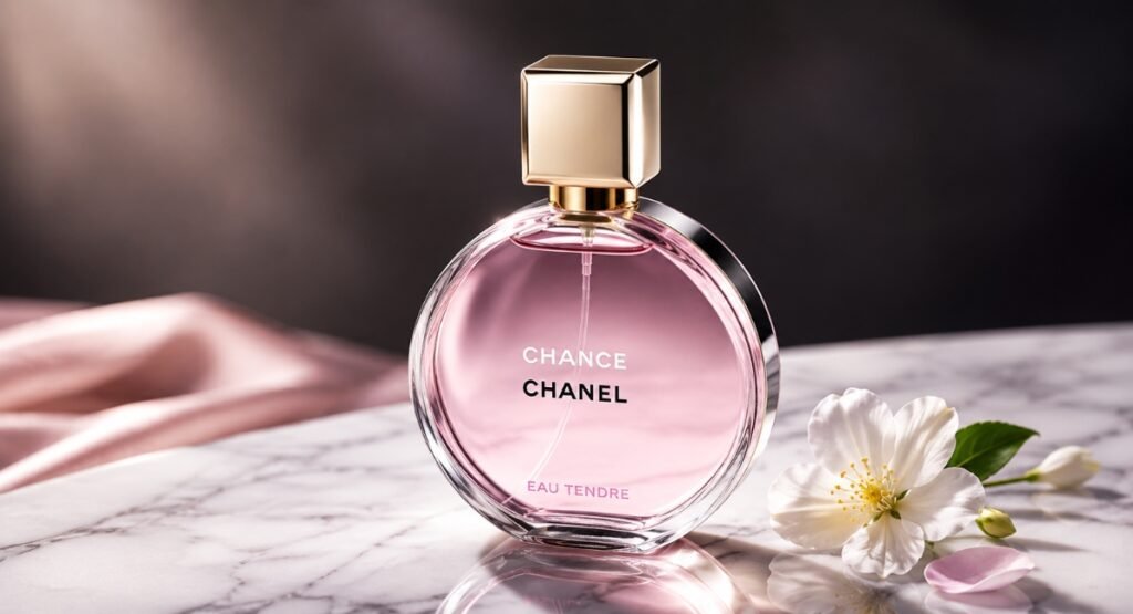 Chanel Chance Eau Tendre pink round bottle with gold cap on marble surface
