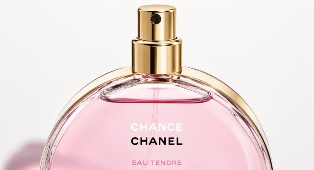 Close-up of Chanel Chance Eau Tendre EDP bottle cap and spray nozzle on white background
