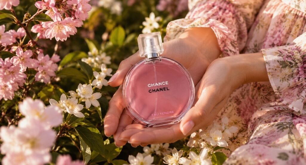 Woman in floral dress holding Chanel Chance Eau Tendre bottle in a sunlit garden
