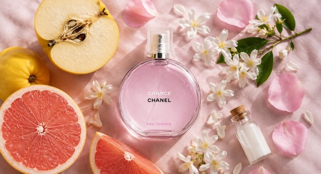 Chanel Chance Eau Tendre fragrance notes — quince, grapefruit, jasmine, rose, and white musk arranged on soft pink background
