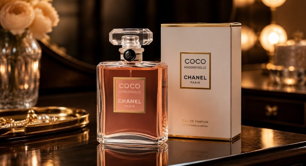 Chanel Coco Mademoiselle EDP being sprayed on wrist pulse point with elegant lighting
