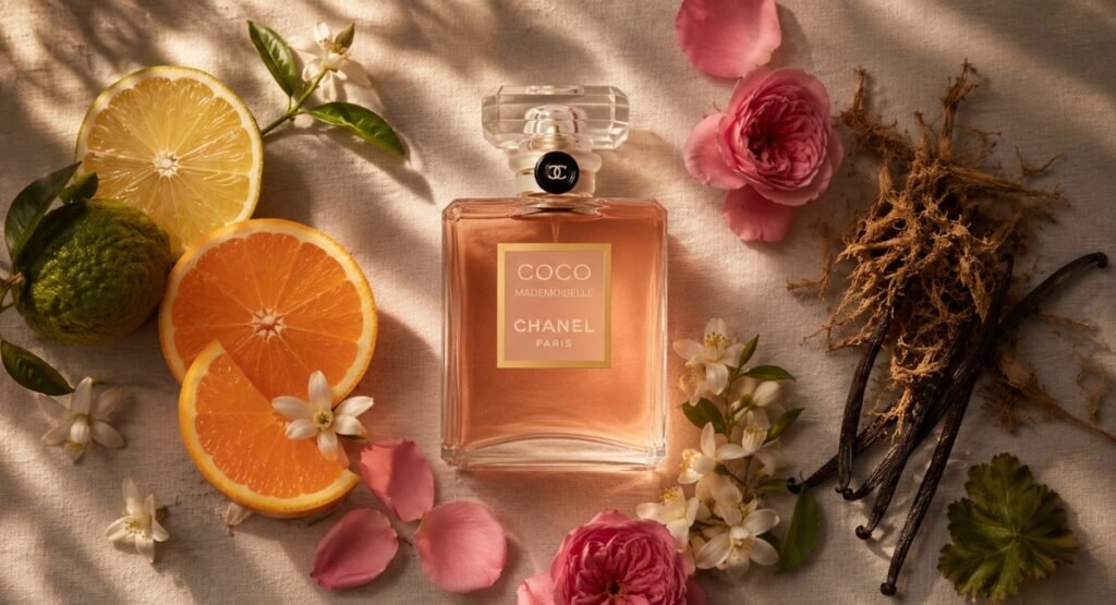 Chanel Coco Mademoiselle EDP elegant glass bottle with gold cap on luxury vanity
