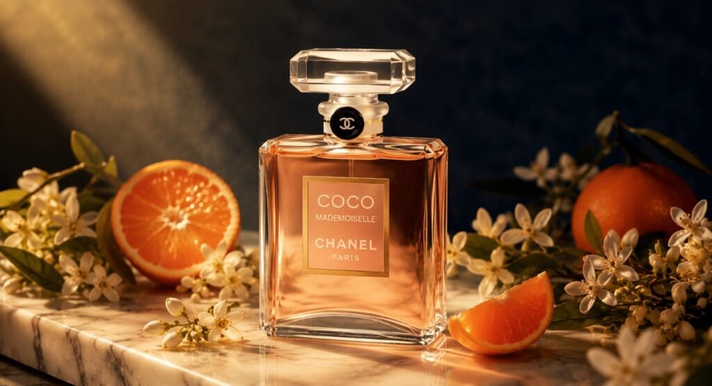 Chanel Coco Mademoiselle EDP fragrance note pyramid showing orange jasmine and patchouli
