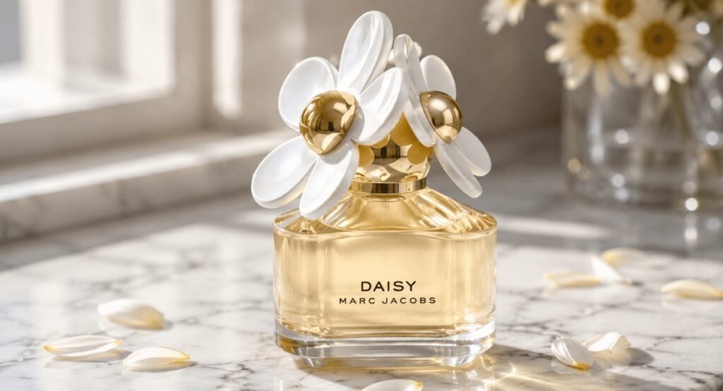 Marc Jacobs Daisy EDT glass bottle with iconic daisy flower cap on marble surface
