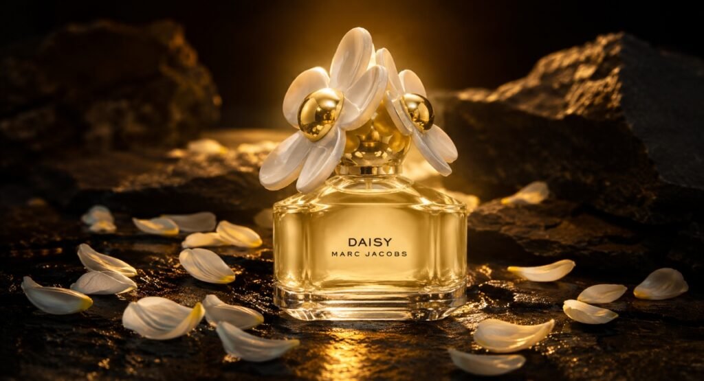 Marc Jacobs Daisy EDT bottle on stone surface with amber backlight and flower petals
