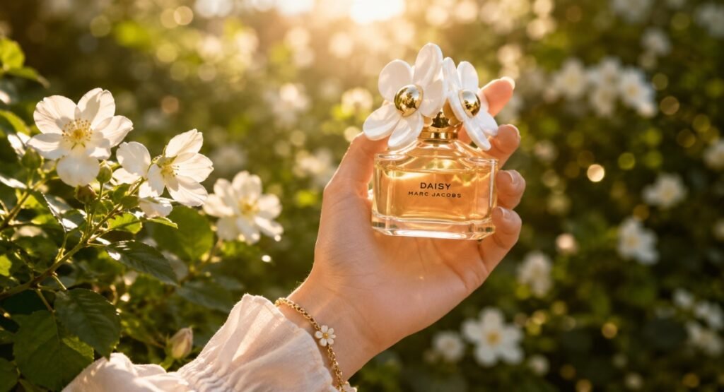 Young woman in floral dress spraying Marc Jacobs Daisy EDT in a spring garden
