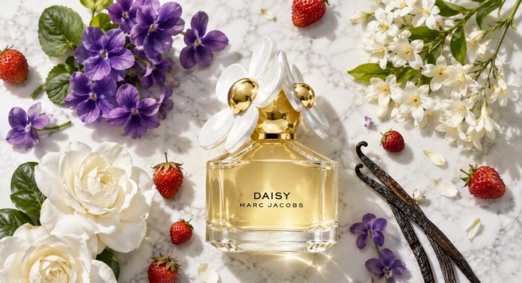 Flat lay of violet flowers, strawberries, jasmine and vanilla pods representing Daisy EDT notes
