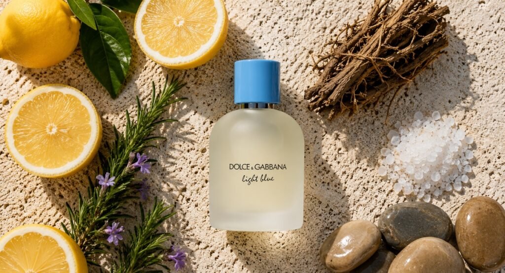 D&G Light Blue EDT 2025 fragrance notes flat lay Sicilian lemon rosemary Indonesian patchouli limestone