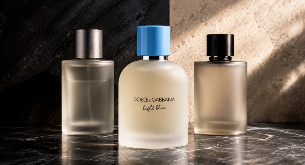 D&G Light Blue EDT Pour Homme 2025 compared with two designer men's fragrances on dark charcoal marble