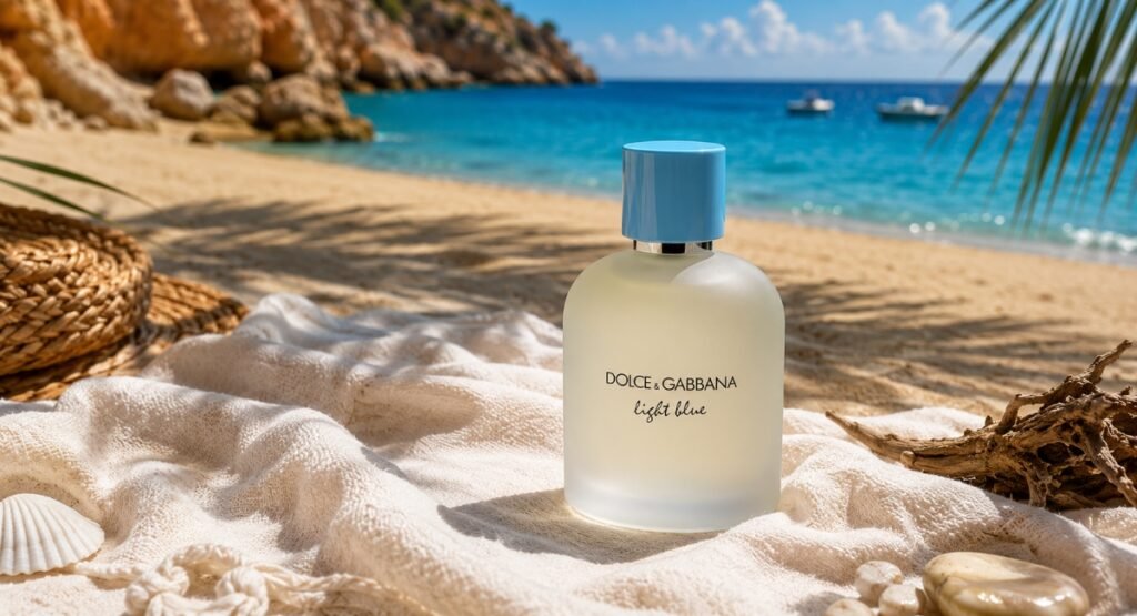 D&G Light Blue EDT Pour Homme 2025 bottle on beach towel in Sicilian summer sunlight performance review