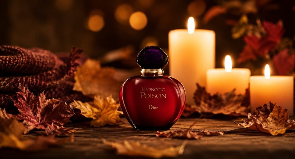 Dior Hypnotic Poison EDT bottle surrounded by autumn leaves and warm candlelight
