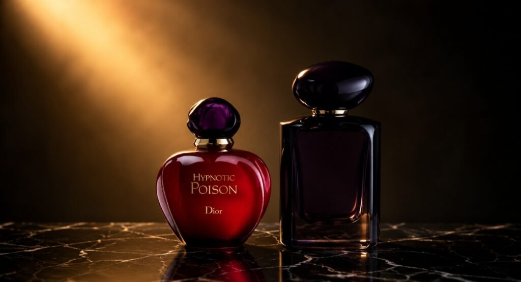 Dior Hypnotic Poison EDT bottle compared alongside YSL Black Opium on a dark luxury surface
