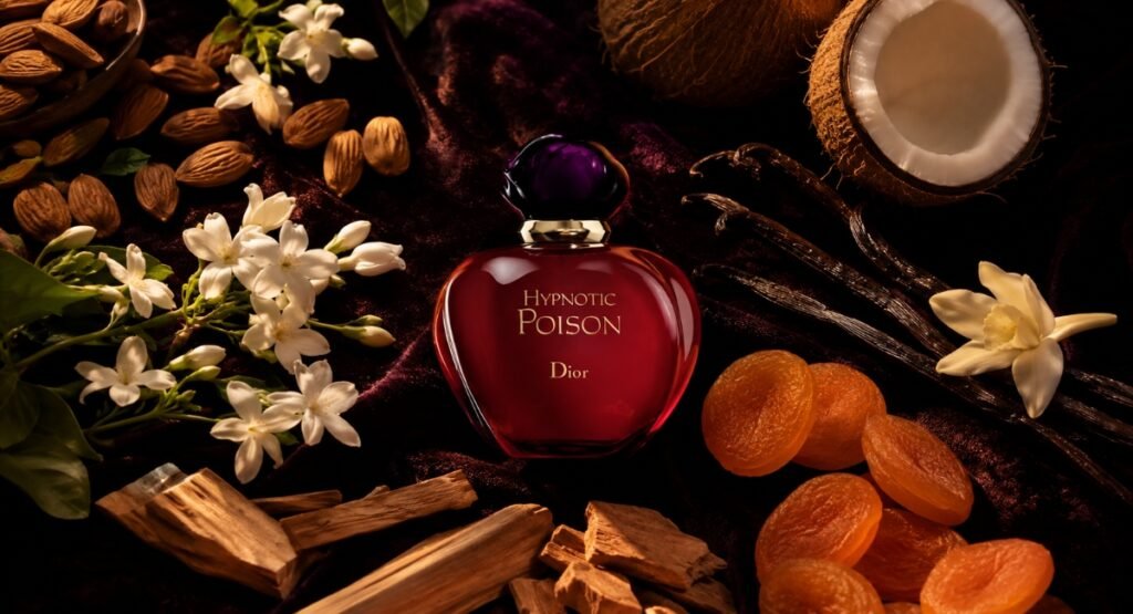Dior Hypnotic Poison EDT fragrance notes flatlay with almonds vanilla pods and jasmine flowers
