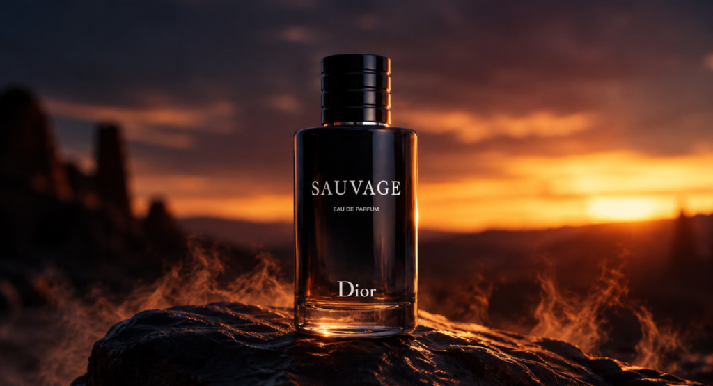 Dior Sauvage EDP bottle on dark rock surface with warm amber lighting